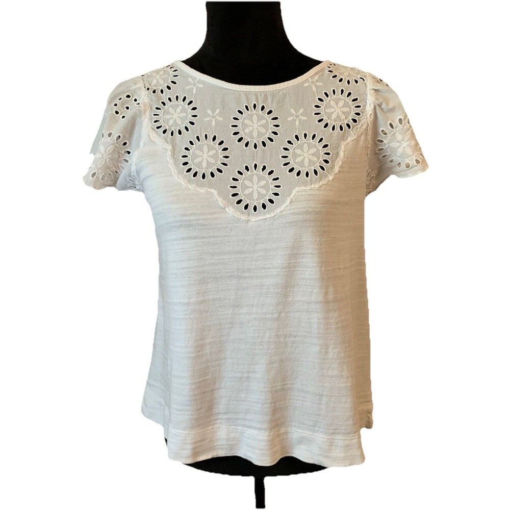 Ann Taylor Loft Top Womens XS Top White Eyelet Short Sleeve Blouse 100% Cotton
